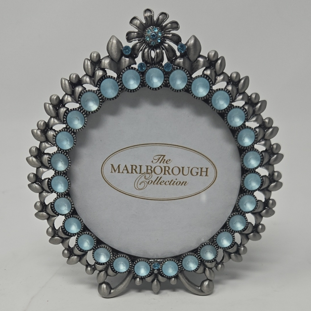 Jeweled Picture Frame Cast Metal Rhinestone    Silver and Blue Decorative Frame.